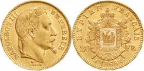 Ausländische Goldmünzen und -medaillen, Frankreich, Napoleon III., 1852-1870
20 Francs 1868 A, Paris.
vorzüglich/Stempelglanz