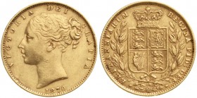 Ausländische Goldmünzen und -medaillen, Grossbritannien, Victoria, 1837-1901
Sovereign 1870 mit Die Nr. 89. WW erhaben. 7,99 g. 917/1000.
fast vorzü...