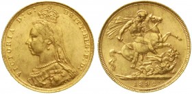 Ausländische Goldmünzen und -medaillen, Grossbritannien, Victoria, 1837-1901
Sovereign 1892, Drachentöter. 7,99 g. 917/1000.
gutes vorzüglich