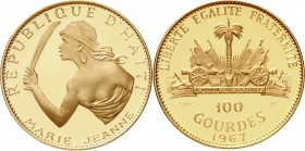 Ausländische Goldmünzen und -medaillen, Haiti
100 Gourdes 1967. Marie Jeanne, Gattin von General Lamartiniere. 19,75 g., 900/1000.
Polierte Platte, ...