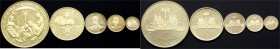 Ausländische Goldmünzen und -medaillen, Haiti
Komplette Serie 10 Jahre Revolution zu 30, 40, 60, 250 und 500 Gourdes in Gold 1969 IC. insg. 267,33 g....