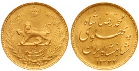 Ausländische Goldmünzen und -medaillen, Iran, Mohammed Reza Pahlavi, 1941-1979
Pahlavi SH 1322 = 1943. 8,14 g. 900/1000.
prägefrisch, winz. Randfehl...