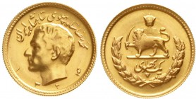 Ausländische Goldmünzen und -medaillen, Iran, Mohammed Reza Pahlavi, 1941-1979
Pahlavi SH 1324 = 1945. Hohes Relief. 8,14 g. 900/1000.
Stempelglanz...
