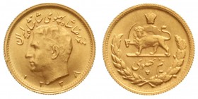 Ausländische Goldmünzen und -medaillen, Iran, Mohammed Reza Pahlavi, 1941-1979
1/2 Pahlavi SH 1338 = 1959. 4,07 g. 900/1000.
prägefrisch