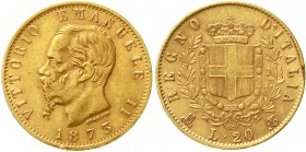 Ausländische Goldmünzen und -medaillen, Italien- Königreich, Vittorio Emanuele II., 1861-1878
20 Lire 1873 M BN. sehr schön, Randfehler