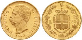 Ausländische Goldmünzen und -medaillen, Italien- Königreich, Umberto I., 1878-1900
20 Lire 1882 R. 6,45 g. 900/1000.
fast Stempelglanz