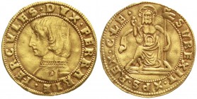 Ausländische Goldmünzen und -medaillen, Italien-Ferrara, Ercole d Este 1471-1505
Ducato o.J. (um 1475) Brustb. n.l./Christus sitzt v. v. mit segnende...