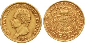 Ausländische Goldmünzen und -medaillen, Italien-Sardinien, Carl Felix, 1821-1831
20 Lire 1827 L, Adlerkopf. Turin. 6,45 g. 900/1000.
vorzüglich
