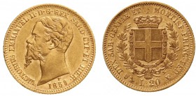 Ausländische Goldmünzen und -medaillen, Italien-Sardinien, Victor Emanuel II., 1849-1878
20 Lire 1859 P, Anker. 6,45 g. 900/1000.
sehr schön/vorzügl...