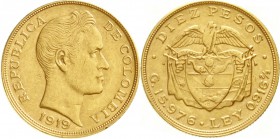 Ausländische Goldmünzen und -medaillen, Kolumbien, Republik, seit 1820
10 Pesos 1919. 15,98 g. 916/1000.
vorzüglich, winz. Randfehler
