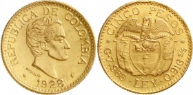 Ausländische Goldmünzen und -medaillen, Kolumbien, Republik, seit 1820
5 Pesos 1928. 7,99 g. 917/1000.
vorzüglich/Stempelglanz