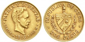 Ausländische Goldmünzen und -medaillen, Kuba, 1. Republik, 1898-1962
2 Pesos 1916. Kopf n.r./Wappen. 3,34 g. 900/1000
sehr schön/vorzüglich