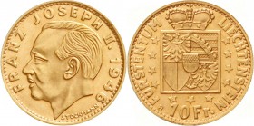 Ausländische Goldmünzen und -medaillen, Liechtenstein, Franz Josef II., 1938-1989
10 Franken 1946. 3,23 g. 900/1000.
vorzüglich/Stempelglanz