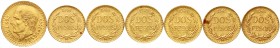 Ausländische Goldmünzen und -medaillen, Mexiko, Republik, seit 1824
7 Stück: Mexiko, 2 1/2 Pesos 1945, 2 Pesos (6) 1945.
vorzüglich, teils kl. Fleck...