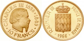 Ausländische Goldmünzen und -medaillen, Monaco, Rainer III., 1949-2005
10 Francs Probe in Gold 1966 zum 100. Jahrestag des Spelunkenviertels in Monte...