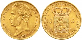 Ausländische Goldmünzen und -medaillen, Niederlande, Willem I., 1815-1840
10 Gulden 1825 B, Brüssel. 6,72 g. 900/1000
gutes vorzüglich, winz. Kratze...