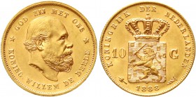 Ausländische Goldmünzen und -medaillen, Niederlande, Willem III., 1849-1890
10 Gulden 1888. 6,72 g. 900/1000.
vorzüglich/Stempelglanz