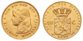 Ausländische Goldmünzen und -medaillen, Niederlande, Wilhelmina, 1890-1948
10 Gulden 1897. 6,72 g. 900/1000.
fast Stempelglanz, Prachtexemplar