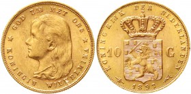 Ausländische Goldmünzen und -medaillen, Niederlande, Wilhelmina, 1890-1948
10 Gulden 1897. 6,72 g. 900/1000.
vorzüglich/Stempelglanz