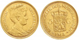 Ausländische Goldmünzen und -medaillen, Niederlande, Wilhelmina, 1890-1948
5 Gulden 1912. 3,36 g. 900/1000
vorzüglich, kl. Kratzer