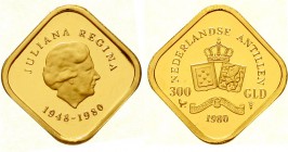 Ausländische Goldmünzen und -medaillen, Niederlande-Antillen, Juliana, 1949-1980
300 Gulden 1980. Juliane. 5,04 g. 900/1000.
Polierte Platte, min. b...
