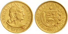 Ausländische Goldmünzen und -medaillen, Peru, Republik, seit 1821
1/2 Libra (1/2 Pound) 1905 GOZF. 3,99 g. 917/1000.
sehr schön