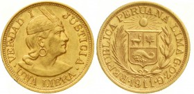 Ausländische Goldmünzen und -medaillen, Peru, Republik, seit 1821
Libra (Pound) 1911. 7,98 g. 917/1000,
vorzüglich