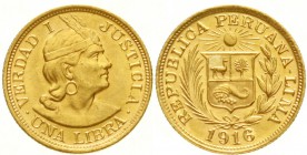 Ausländische Goldmünzen und -medaillen, Peru, Republik, seit 1821
Libra (Pound) 1916. 7,98 g. 917/1000,
fast Stempelglanz