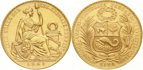 Ausländische Goldmünzen und -medaillen, Peru, Republik, seit 1821
100 Soles 1961. 46,81 g. 900/1000. Auflage nur 6982 Ex.
vorzüglich