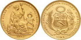 Ausländische Goldmünzen und -medaillen, Peru, Republik, seit 1821
20 Soles 1962, Sitzende Freiheit. 9,36 g. 900/1000. Auflage nur 2282 Ex.
prägefris...