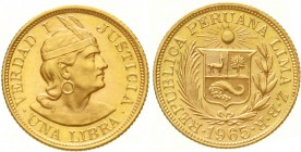 Ausländische Goldmünzen und -medaillen, Peru, Republik, seit 1821
Libra (Pound) 1965 7,98 g. 917/1000,
fast Stempelglanz