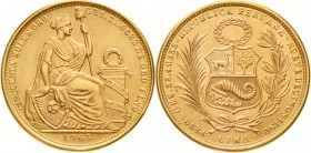 Ausländische Goldmünzen und -medaillen, Peru, Republik, seit 1821
50 Soles 1965. Sitzende Freiheit. 23,41 g. 900/1000.
prägefrisch