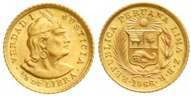 Ausländische Goldmünzen und -medaillen, Peru, Republik, seit 1821
1/5 Libra (Pound) 1966 1,60 g. 917/1000.
prägefrisch