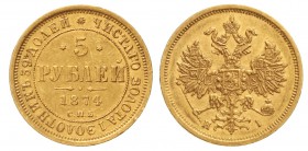 Ausländische Goldmünzen und -medaillen, Russland, Alexander II., 1855-1881
5 Rubel 1874, St. Petersburg. 6,45 g. 900/1000
sehr schön/vorzüglich, kl....