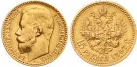 Ausländische Goldmünzen und -medaillen, Russland, Nikolaus II., 1894-1917
15 Rubel 1897, St. Petersburg. Kopf mit 3 Buchstaben der Umschrift unter Ha...