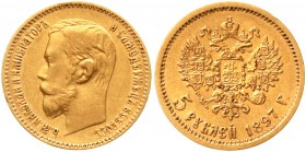 Ausländische Goldmünzen und -medaillen, Russland, Nikolaus II., 1894-1917
5 Rubel 1897, St. Petersburg. 3,87 g. 900/1000. Besseres Jahr.
sehr schön/...