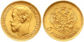 Ausländische Goldmünzen und -medaillen, Russland, Nikolaus II., 1894-1917
5 Rubel 1898, St. Petersburg. 4,3 g. 900/1000.
vorzüglich/Stempelglanz