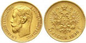 Ausländische Goldmünzen und -medaillen, Russland, Nikolaus II., 1894-1917
5 Rubel 1898, St. Petersburg. 4,3 g. 900/1000.
sehr schön/vorzüglich