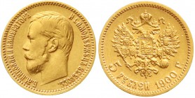Ausländische Goldmünzen und -medaillen, Russland, Nikolaus II., 1894-1917
5 Rubel 1900, St. Petersburg. 4,3 g. 900/1000
sehr schön