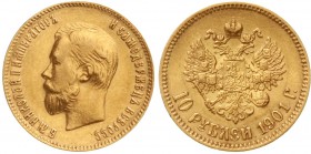 Ausländische Goldmünzen und -medaillen, Russland, Nikolaus II., 1894-1917
10 Rubel 1901, St. Petersburg. F3. 8,6 g. 900/1000.
sehr schön/vorzüglich...