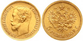 Ausländische Goldmünzen und -medaillen, Russland, Nikolaus II., 1894-1917
5 Rubel 1902, St. Petersburg. 3,87 g. 900/1000.
vorzüglich/Stempelglanz