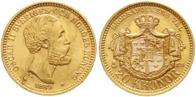 Ausländische Goldmünzen und -medaillen, Schweden, Oscar II., 1872-1907
20 Kronor 1889 EB. 8,96 g. 900/1000
fast Stempelglanz