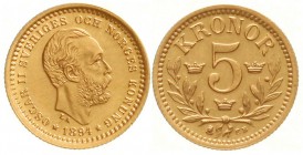 Ausländische Goldmünzen und -medaillen, Schweden, Oscar II., 1872-1907
5 Kronor 1894 EB. 2,24 g. 900/1000.
vorzüglich/Stempelglanz