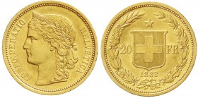 Ausländische Goldmünzen und -medaillen, Schweiz, Eidgenossenschaft, seit 1850
20 Franken 1883. Helvetia. 6,45 g. 900/1000.
vorzüglich/Stempelglanz, ...