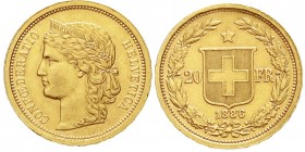 Ausländische Goldmünzen und -medaillen, Schweiz, Eidgenossenschaft, seit 1850
20 Franken 1886. Helvetia. 6,45 g. 900/1000.
gutes vorzüglich, kl. Ran...