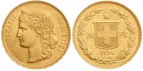 Ausländische Goldmünzen und -medaillen, Schweiz, Eidgenossenschaft, seit 1850
20 Franken 1890 B. Helvetia. 6,45 g. 900/1000.
prägefrisch, selten in ...