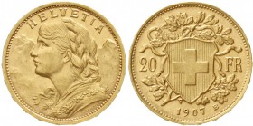 Ausländische Goldmünzen und -medaillen, Schweiz, Eidgenossenschaft, seit 1850
20 Franken Vreneli 1907 B. 6,45 g. 900/1000.
vorzüglich/Stempelglanz, ...