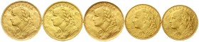 Ausländische Goldmünzen und -medaillen, Schweiz, Eidgenossenschaft, seit 1850
5 Stück: 20 Franken 1912 B, 1935 B, 1947 B; 10 Franken 1913 B (2).
seh...