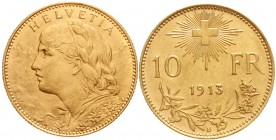 Ausländische Goldmünzen und -medaillen, Schweiz, Eidgenossenschaft, seit 1850
10 Franken Vreneli 1913 B. 3,23 g. 900/1000
gutes vorzüglich