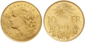 Ausländische Goldmünzen und -medaillen, Schweiz, Eidgenossenschaft, seit 1850
10 Franken Vreneli 1916 B. 3,23 g. 900/1000.
Stempelglanz, selten in d...